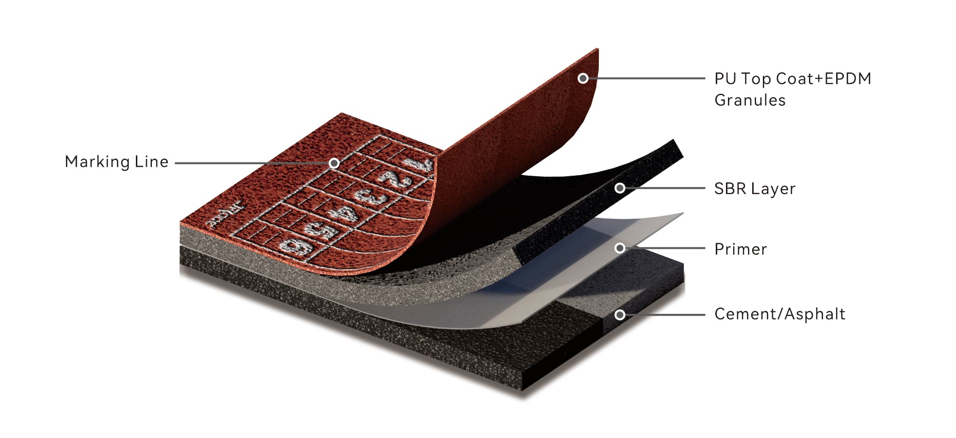 Cutaway of the SP Track build, from the bottom up: cement or asphalt base, primer, SBR layer, PU top coat with EPDM granules, and marking line.